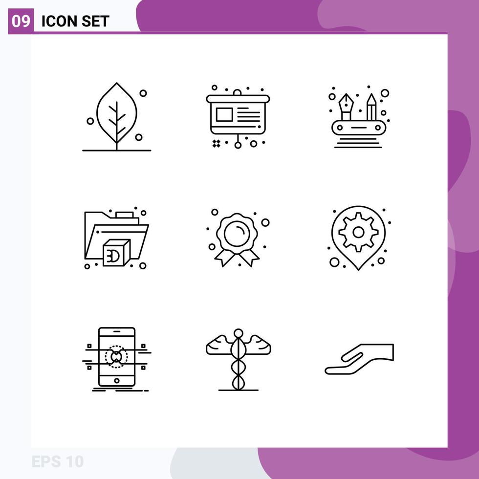 Pictogram Set of 9 Simple Outlines of gear champion abilities badge folder Editable Vector Design Elements