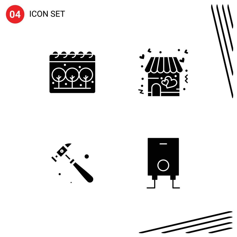 4 Thematic Vector Solid Glyphs and Editable Symbols of earth tool love valentine heater Editable Vector Design Elements