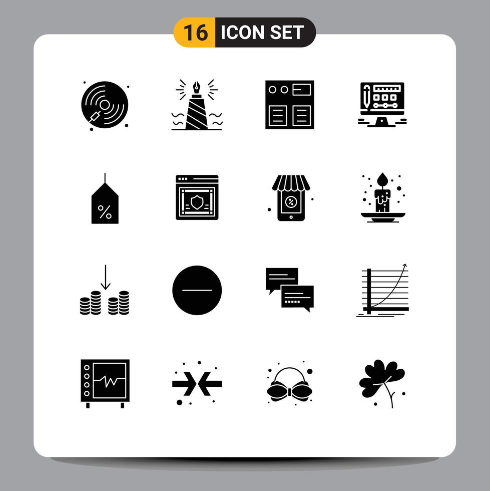 Pictogram Set of 16 Simple Solid Glyphs of tag screen nib monitor pay Editable Vector Design Elements