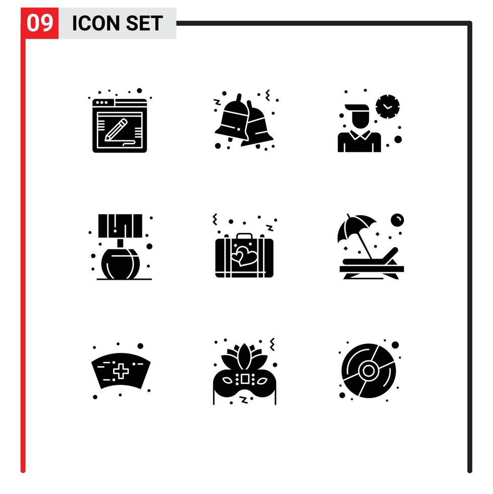 Group of 9 Modern Solid Glyphs Set for love bag employee lump home Editable Vector Design Elements