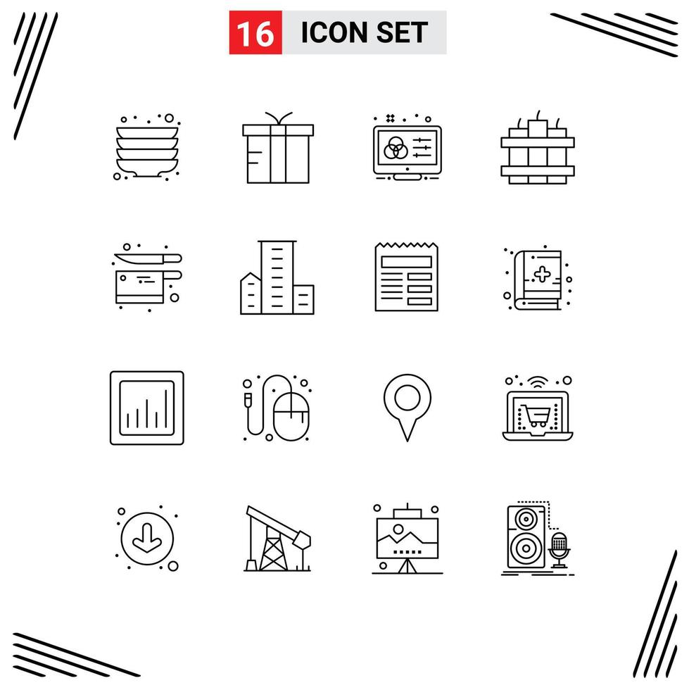 Outline Pack of 16 Universal Symbols of utensil cooking adjustment timer bomb Editable Vector Design Elements