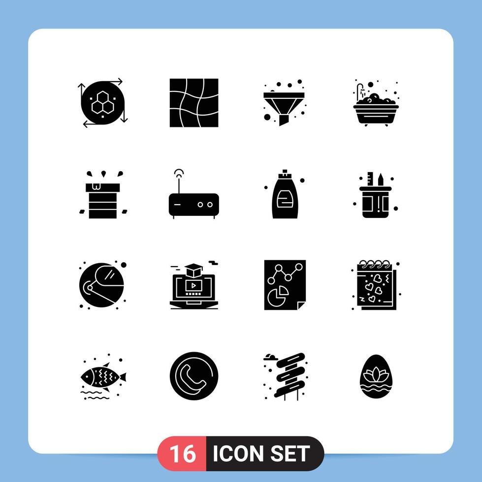Pack of 16 Modern Solid Glyphs Signs and Symbols for Web Print Media such as resistant dry funnel bag shower Editable Vector Design Elements