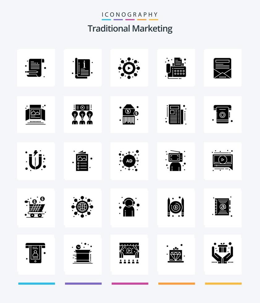 Creative Traditional Marketing 25 Glyph Solid Black icon pack  Such As newsletter. enewsletter. network. device. contact vector