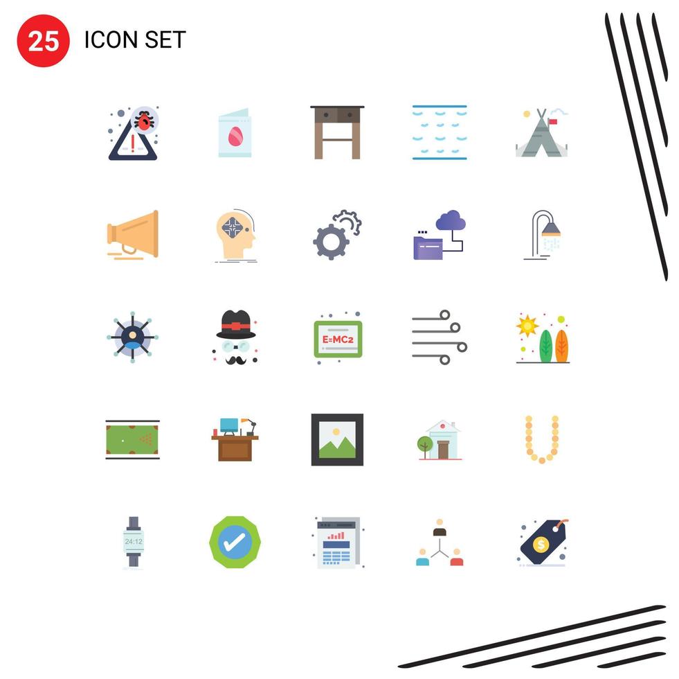 User Interface Pack of 25 Basic Flat Colors of speaker camp drawer tent waves Editable Vector Design Elements