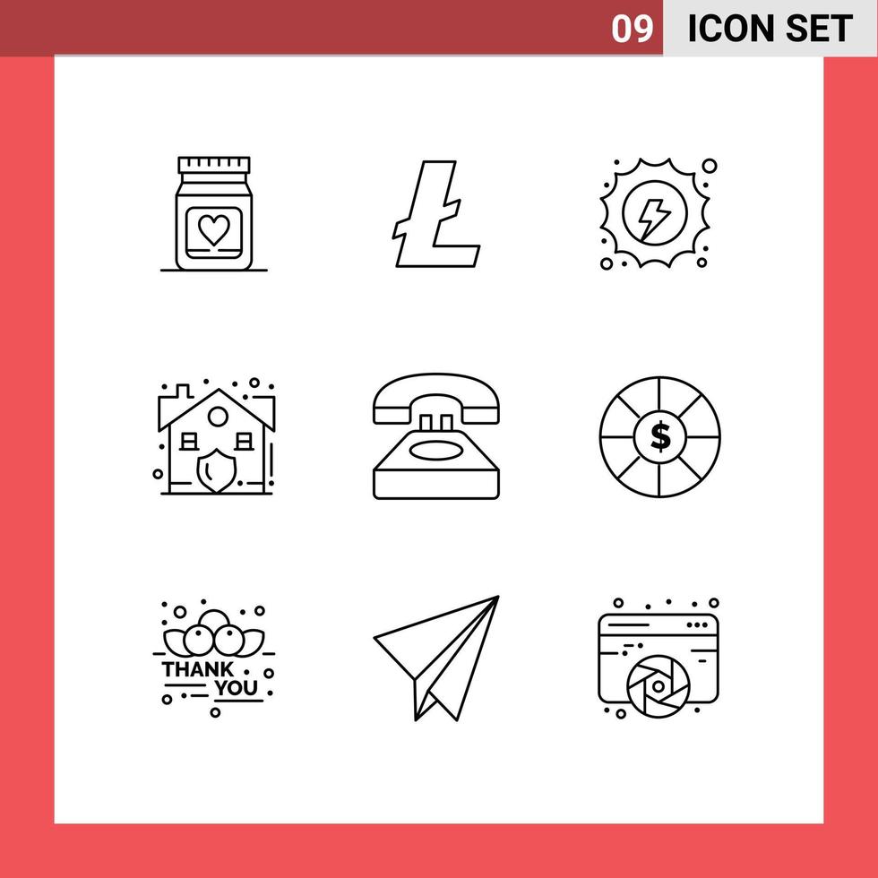 Mobile Interface Outline Set of 9 Pictograms of communication security electrical real estate Editable Vector Design Elements
