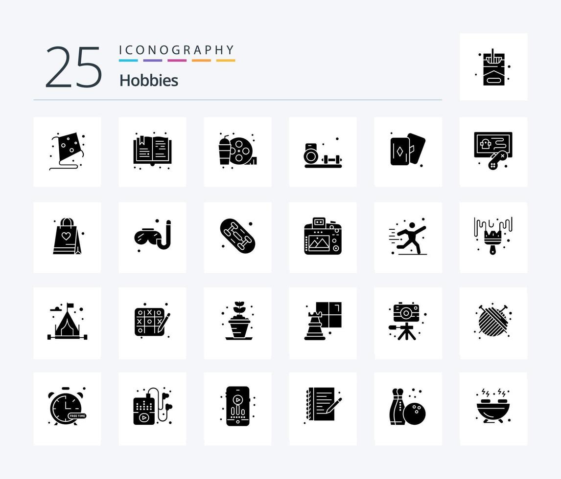 Hobbies 25 Solid Glyph icon pack including card. hobbies. drink. gym. hobby vector