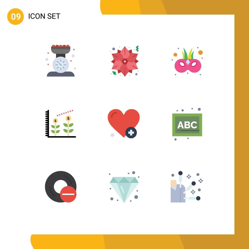 Modern Set of 9 Flat Colors Pictograph of heartbeat startup winter investment mask Editable Vector Design Elements