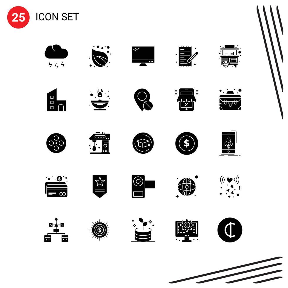25 Thematic Vector Solid Glyphs and Editable Symbols of food paper computer list pc Editable Vector Design Elements