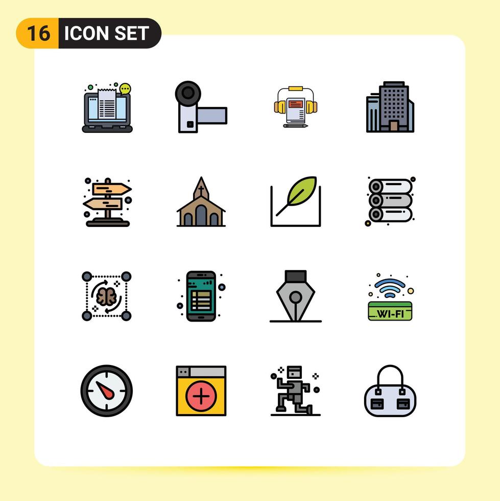 Pictogram Set of 16 Simple Flat Color Filled Lines of road building gadgets office headphone Editable Creative Vector Design Elements