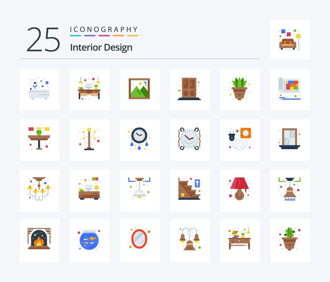 Interior Design 25 Flat Color icon pack including plant. window. light. house. door vector