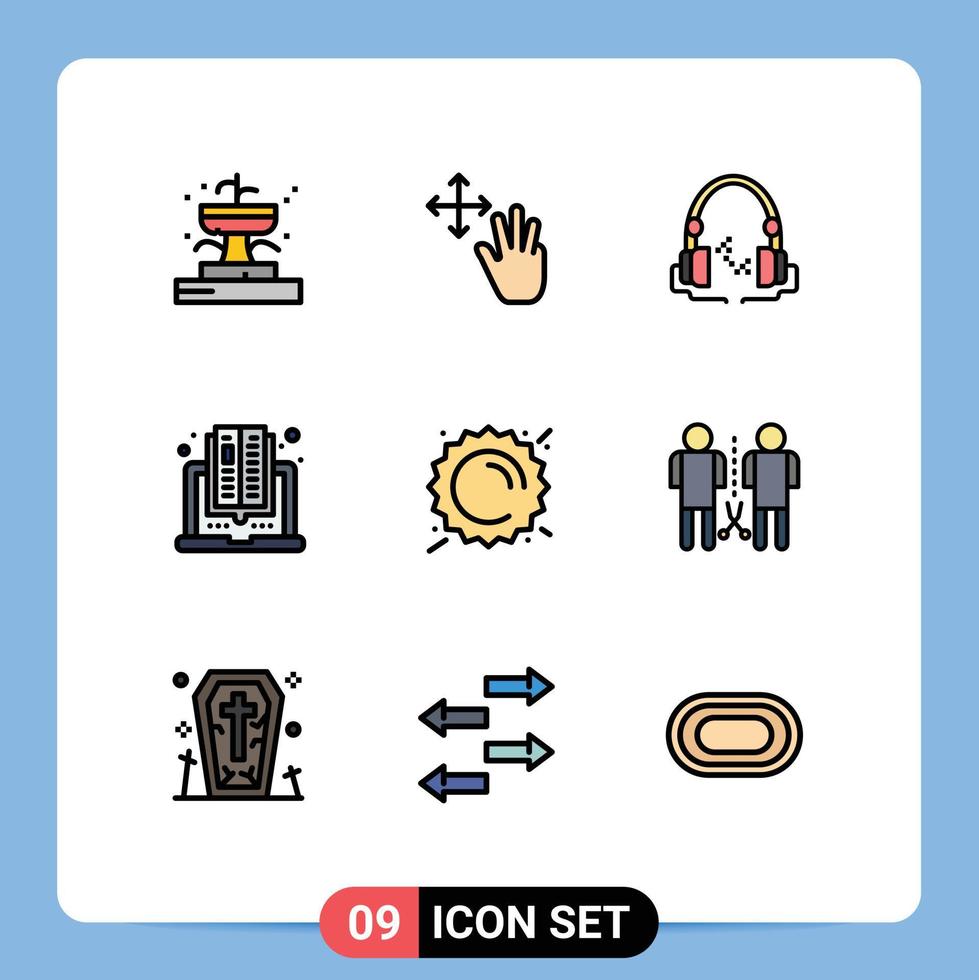 Editable Vector Line Pack of 9 Simple Filledline Flat Colors of sun reading headphone online book Editable Vector Design Elements