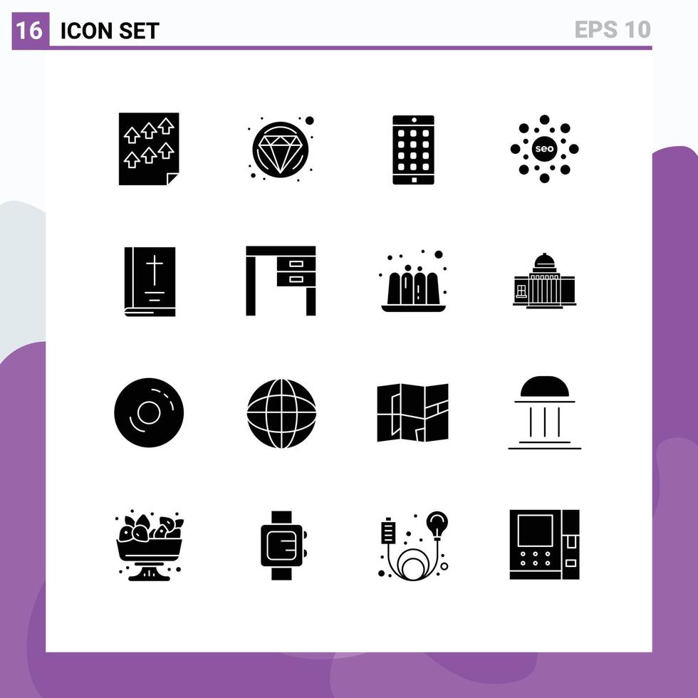 Pack of 16 Modern Solid Glyphs Signs and Symbols for Web Print Media such as book rank application seo globe Editable Vector Design Elements