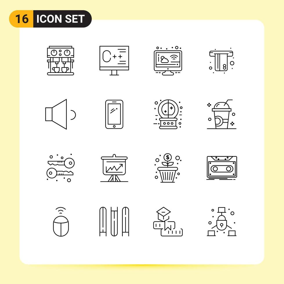 Outline Pack of 16 Universal Symbols of sound money programming card weather Editable Vector Design Elements