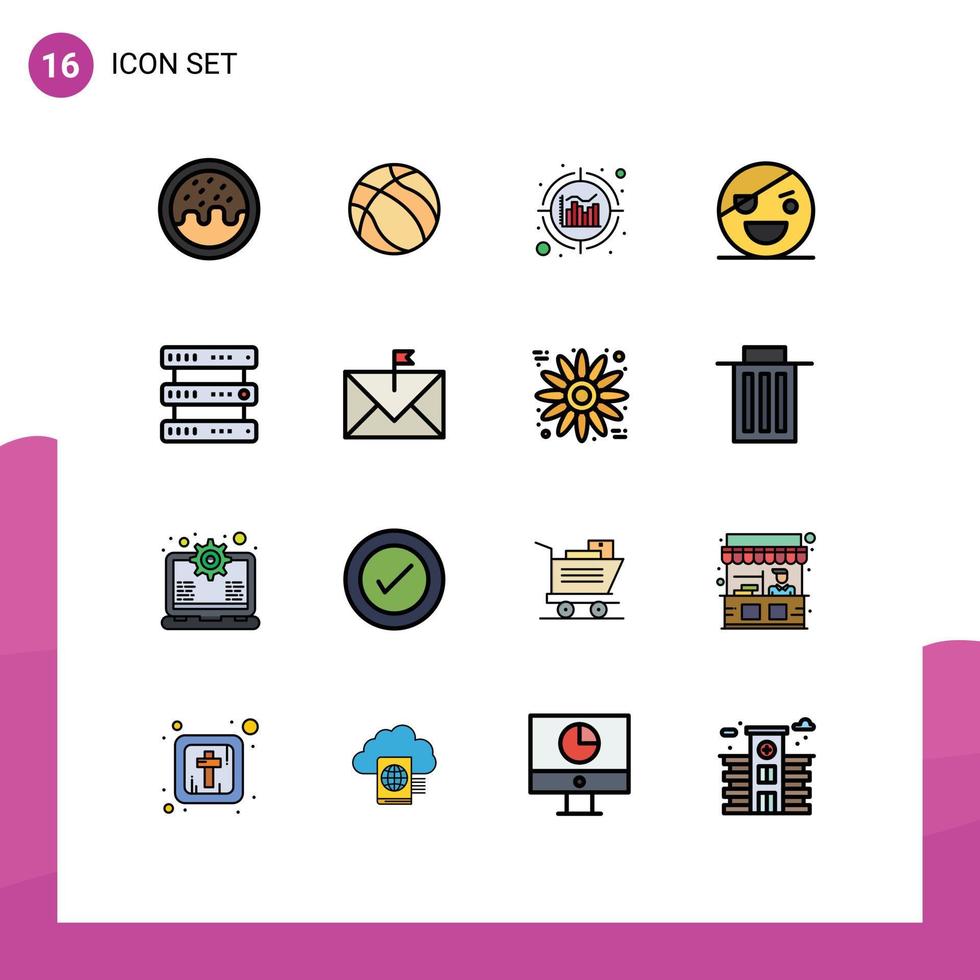 16 Universal Flat Color Filled Lines Set for Web and Mobile Applications multimedia database data scary monster Editable Creative Vector Design Elements