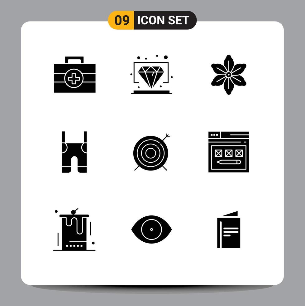 Pack of 9 Modern Solid Glyphs Signs and Symbols for Web Print Media such as dart straps floral pants braces Editable Vector Design Elements