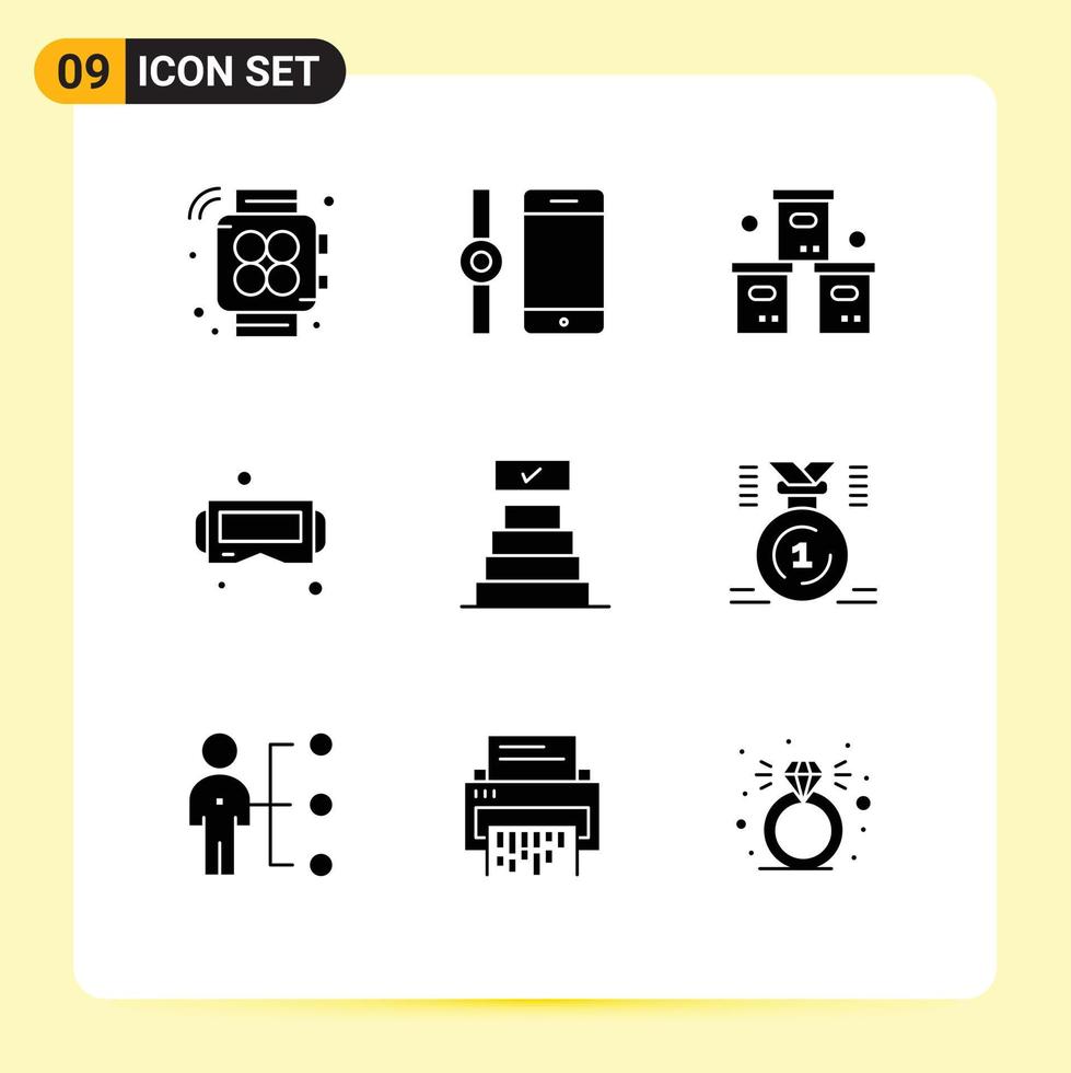 Modern Set of 9 Solid Glyphs Pictograph of achievements success pack smart glasses Editable Vector Design Elements