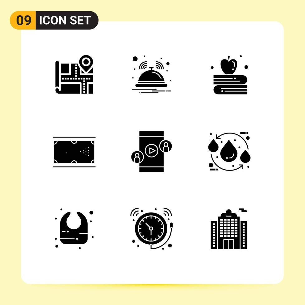 Universal Icon Symbols Group of 9 Modern Solid Glyphs of technology business apple on book pool game Editable Vector Design Elements