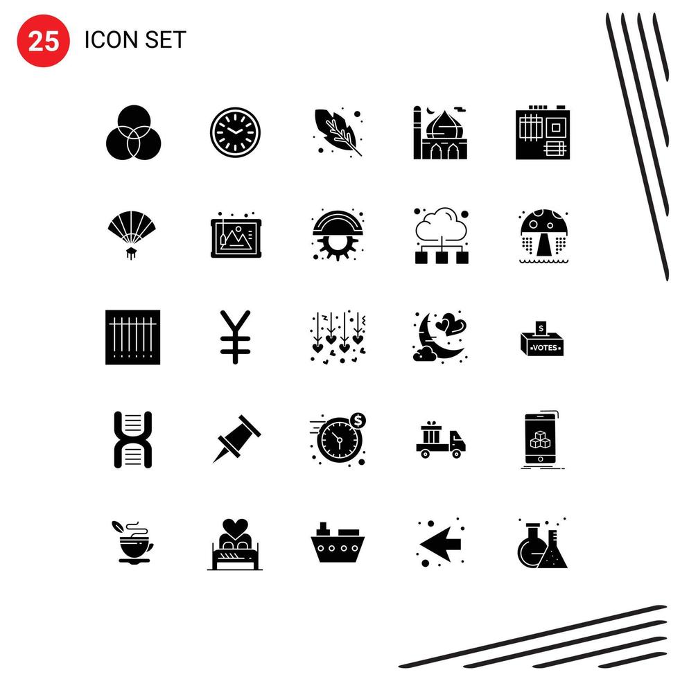 Universal Icon Symbols Group of 25 Modern Solid Glyphs of computer moon wall clock islam mosque Editable Vector Design Elements