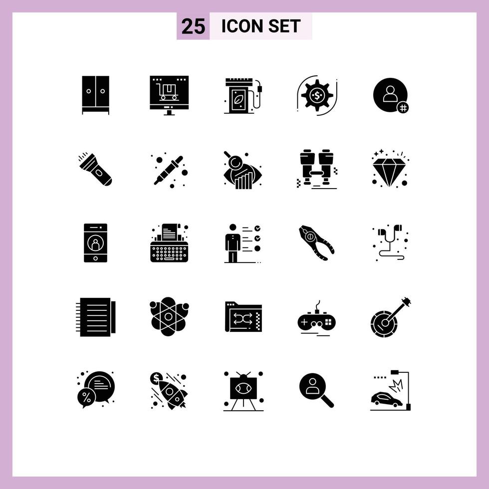 Editable Vector Line Pack of 25 Simple Solid Glyphs of money setting marketing gear energy Editable Vector Design Elements