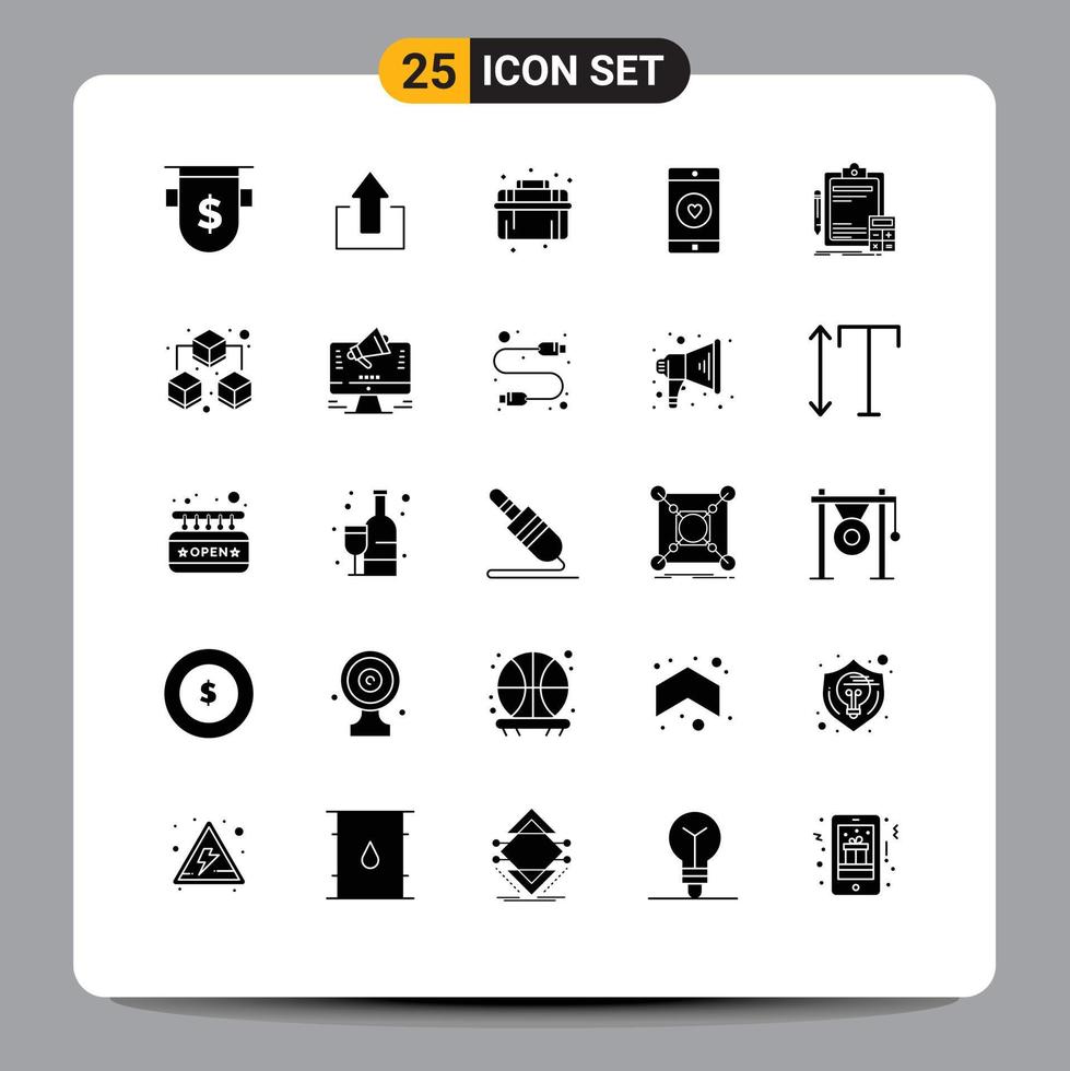 Set of 25 Vector Solid Glyphs on Grid for heart mobile application upload mobile system Editable Vector Design Elements
