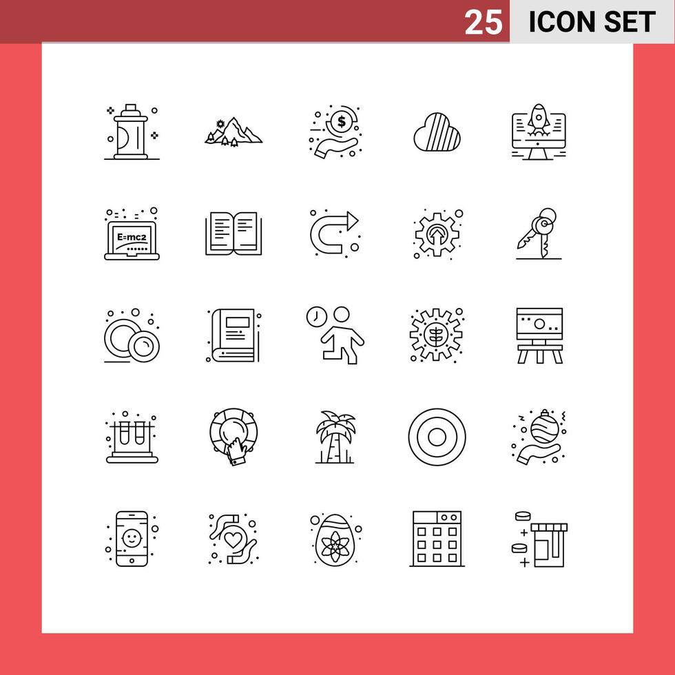 Set of 25 Commercial Lines pack for crypto currency coin nature sky coin money Editable Vector Design Elements