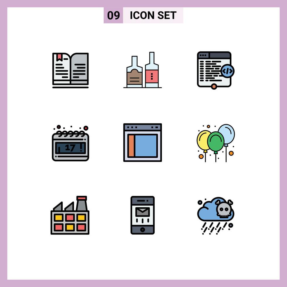 9 Thematic Vector Filledline Flat Colors and Editable Symbols of interface schedule code day coding Editable Vector Design Elements