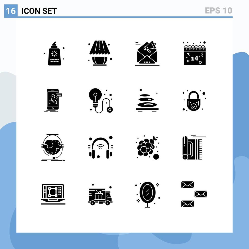 Modern Set of 16 Solid Glyphs Pictograph of valentines date lighting calendar marketing Editable Vector Design Elements