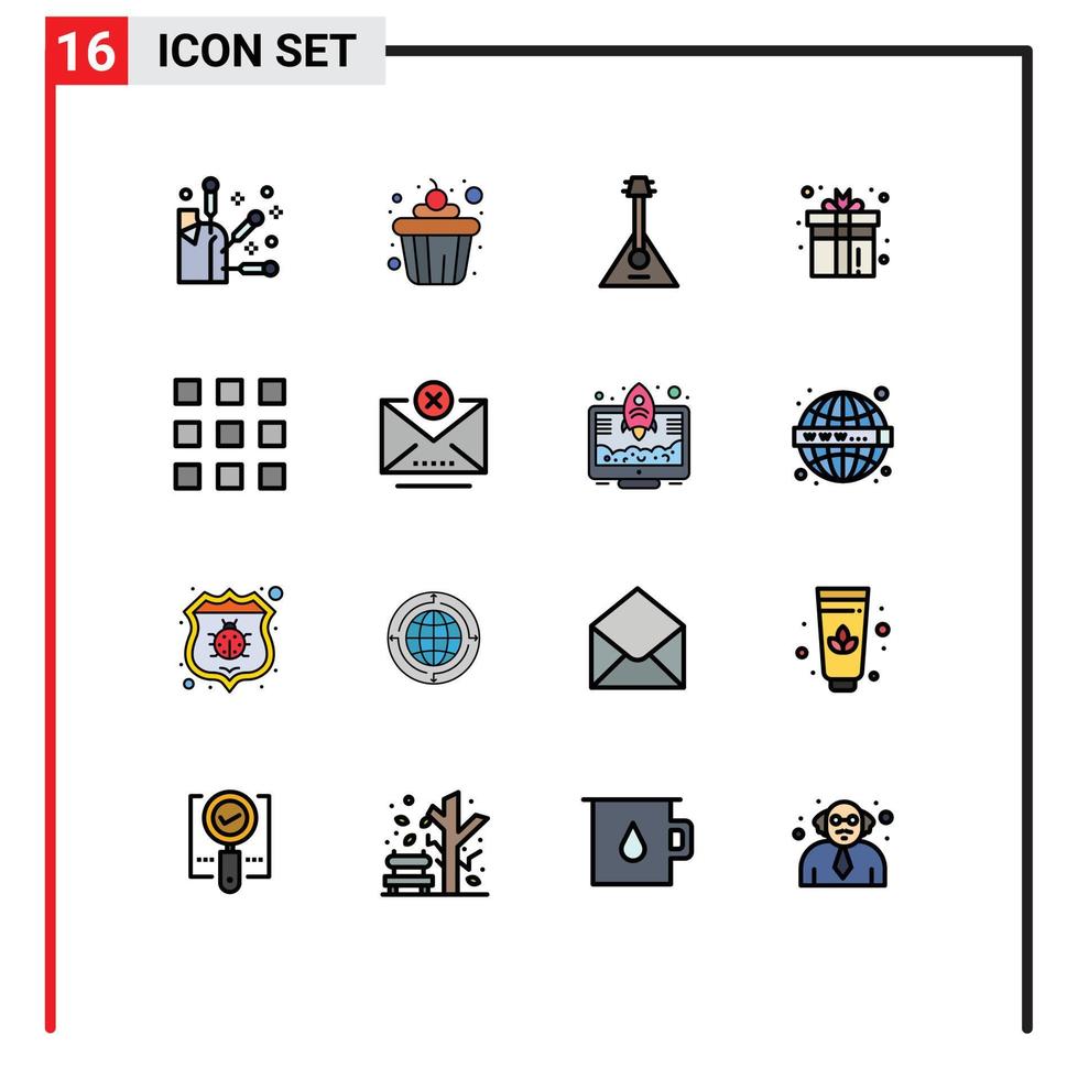 Pack of 16 Modern Flat Color Filled Lines Signs and Symbols for Web Print Media such as code play instrument game box Editable Creative Vector Design Elements
