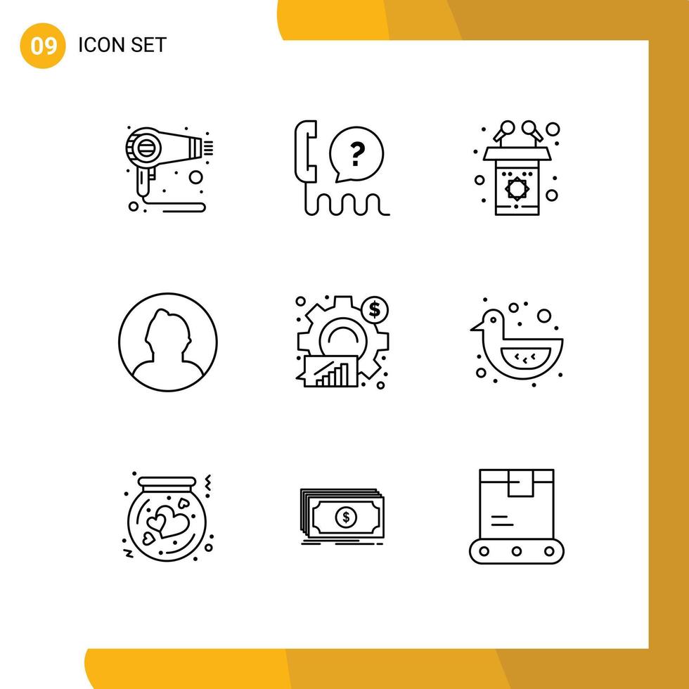 Group of 9 Modern Outlines Set for analysis round support man speech Editable Vector Design Elements