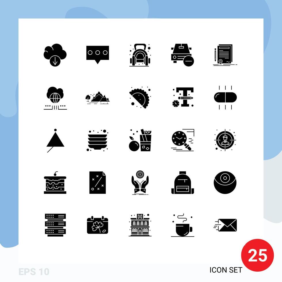 Universal Icon Symbols Group of 25 Modern Solid Glyphs of certificate vehicles weight minus delete Editable Vector Design Elements