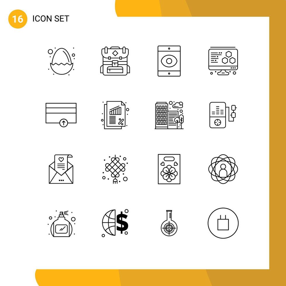 pictograma conjunto de dieciséis sencillo contornos de negocio arriba espía pagos Finanzas editable vector diseño elementos