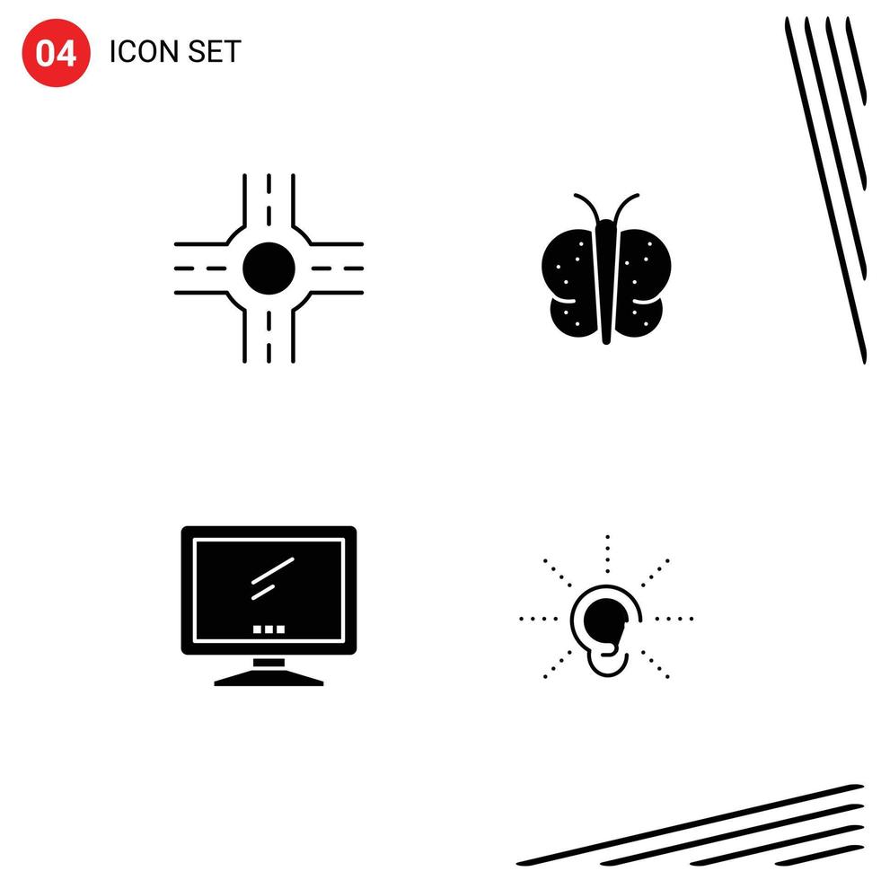 Pack of 4 creative Solid Glyphs of crossroad pc easter monitor ear Editable Vector Design Elements