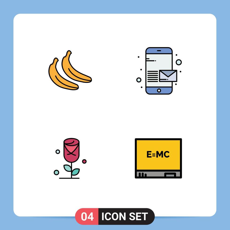 Set of 4 Vector Filledline Flat Colors on Grid for banana love email send education Editable Vector Design Elements