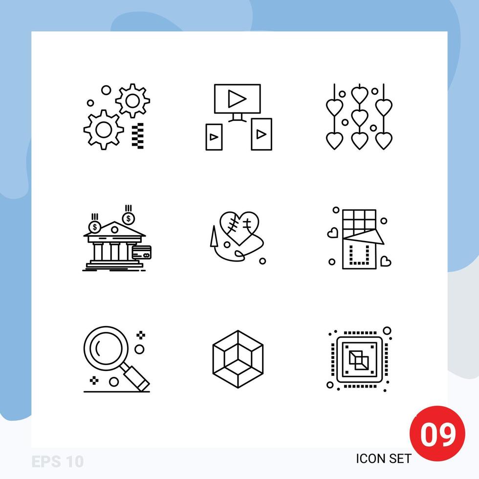 Editable Vector Line Pack of 9 Simple Outlines of heartm heart sewing heart valentines day money banking Editable Vector Design Elements