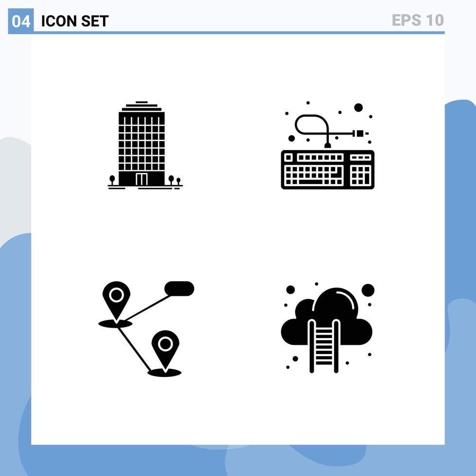 Pack of 4 Modern Solid Glyphs Signs and Symbols for Web Print Media such as building location space hardware cloud computing Editable Vector Design Elements