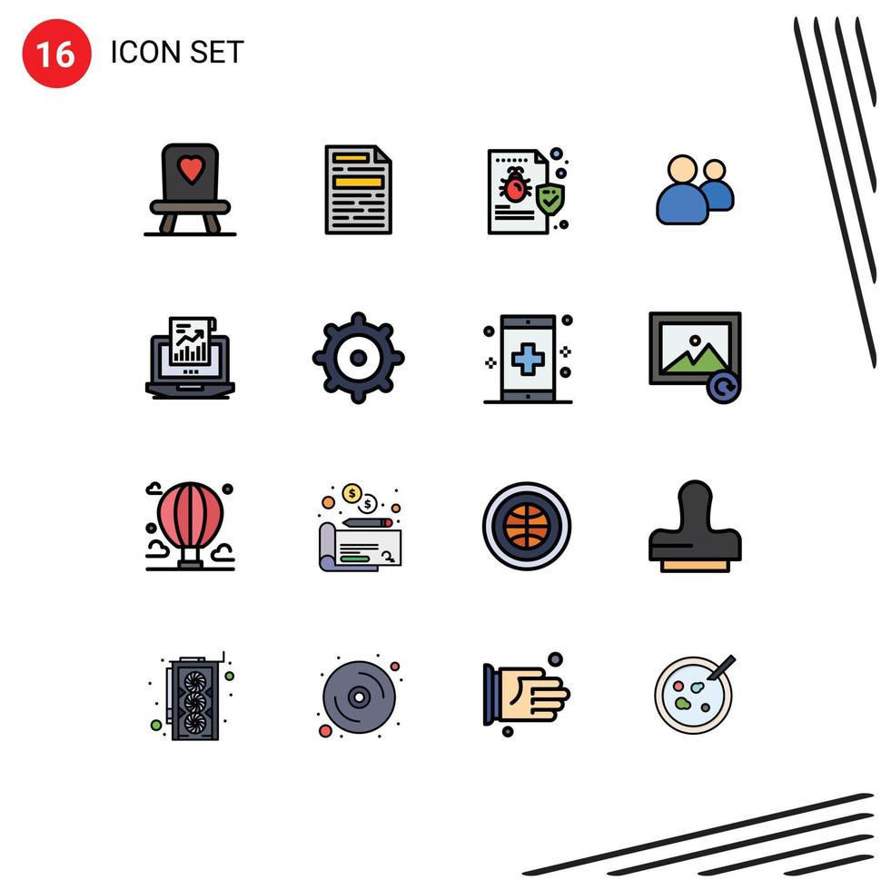 Modern Set of 16 Flat Color Filled Lines and symbols such as laptop report security analytics users Editable Creative Vector Design Elements