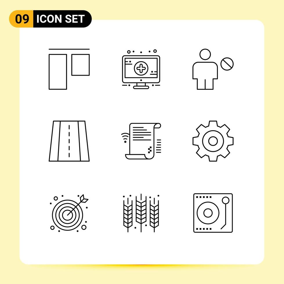 Editable Vector Line Pack of 9 Simple Outlines of wifi document body data road Editable Vector Design Elements