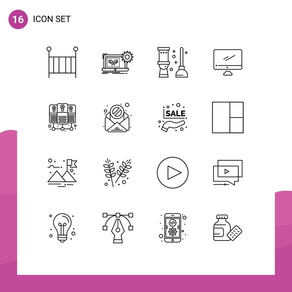 Group of 16 Outlines Signs and Symbols for pc device hardware monitor room Editable Vector Design Elements