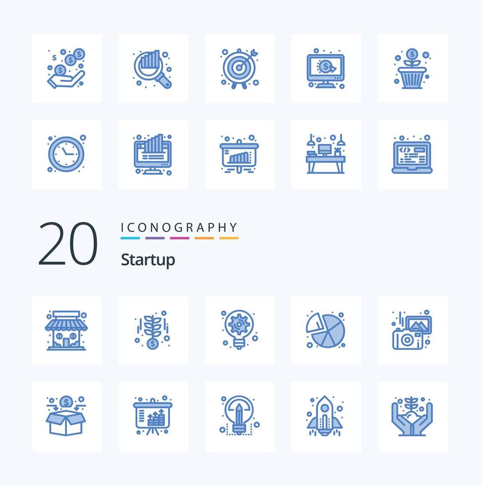 20 Startup Blue Color icon Pack like photography graph generation statistics chart vector