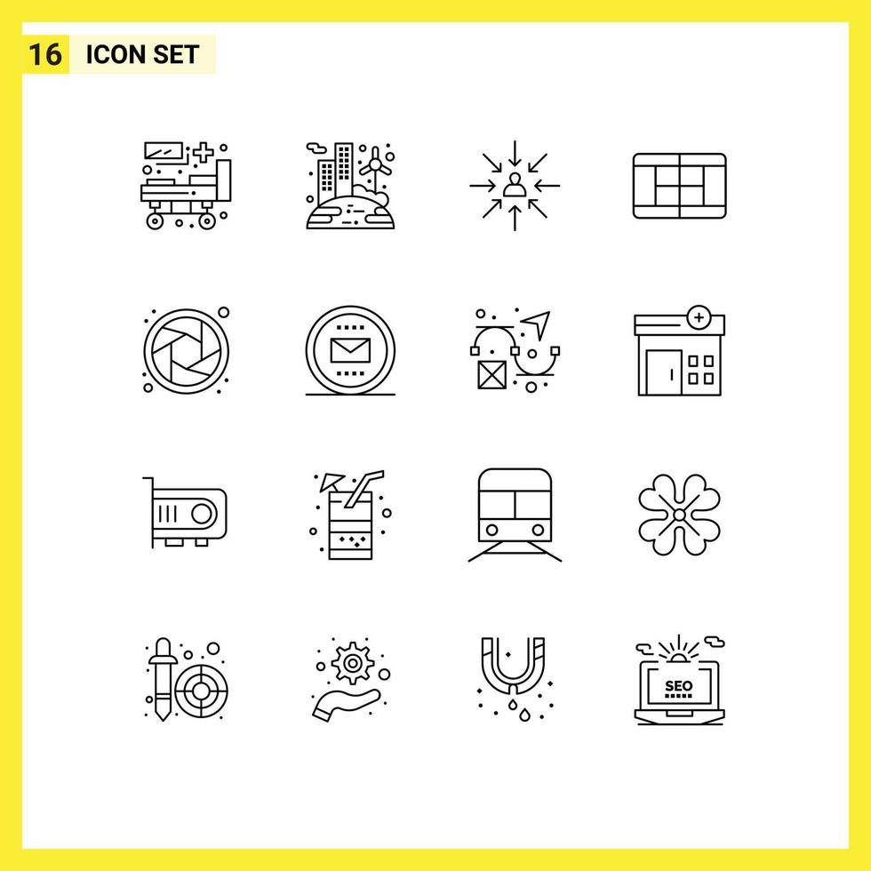 Pack of 16 Modern Outlines Signs and Symbols for Web Print Media such as shutter camera candidate tennis selection Editable Vector Design Elements