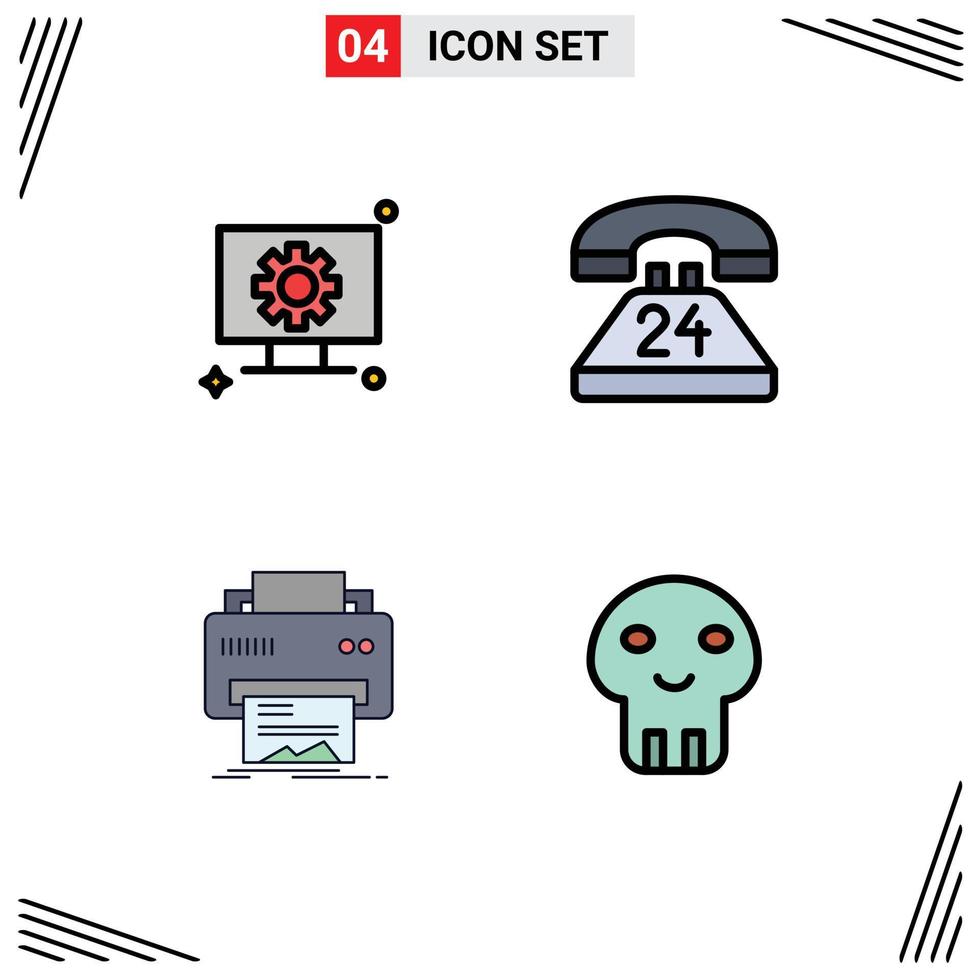 Filledline Flat Color Pack of 4 Universal Symbols of computer digital gear communication printing Editable Vector Design Elements