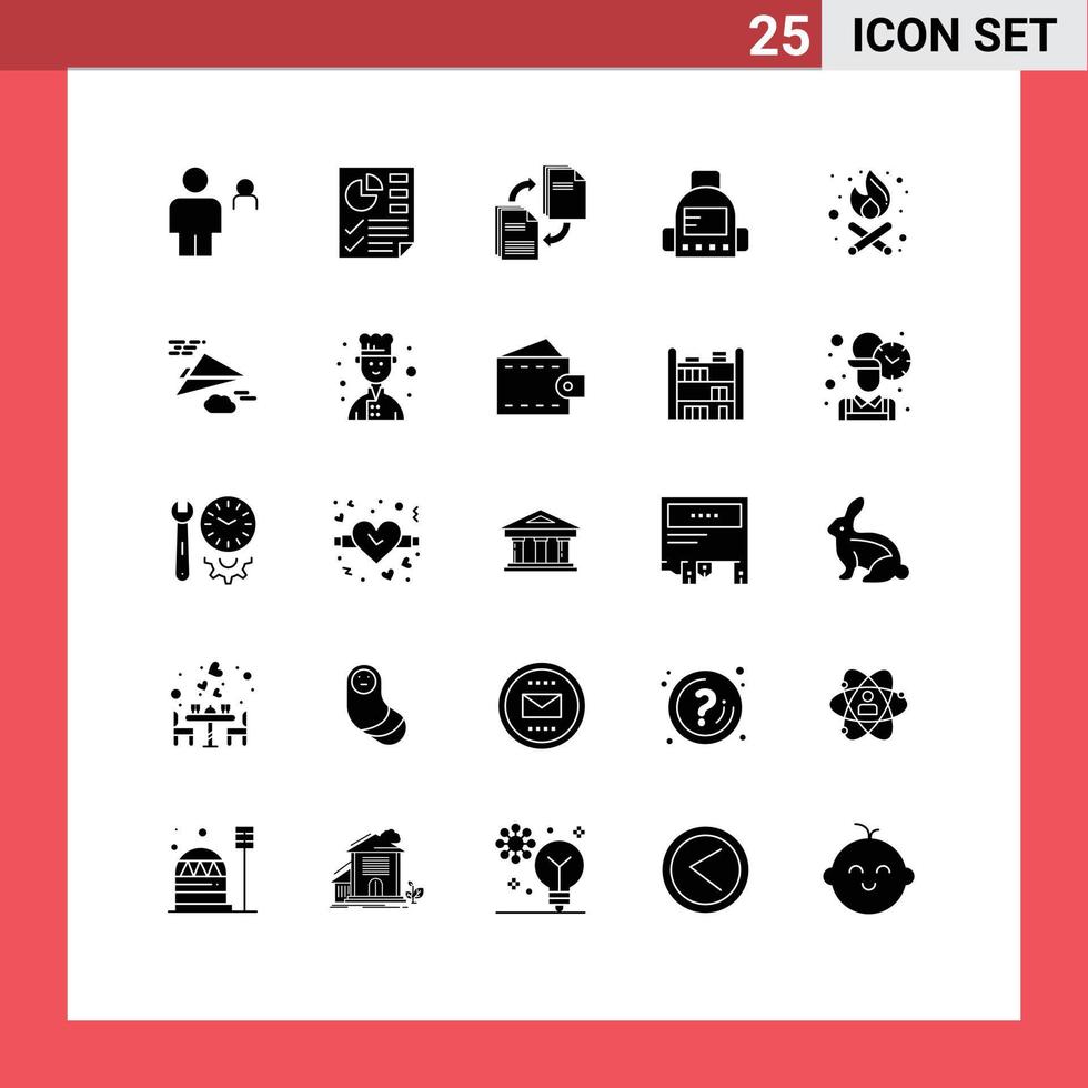 Universal Icon Symbols Group of 25 Modern Solid Glyphs of bonfire school report bag document Editable Vector Design Elements