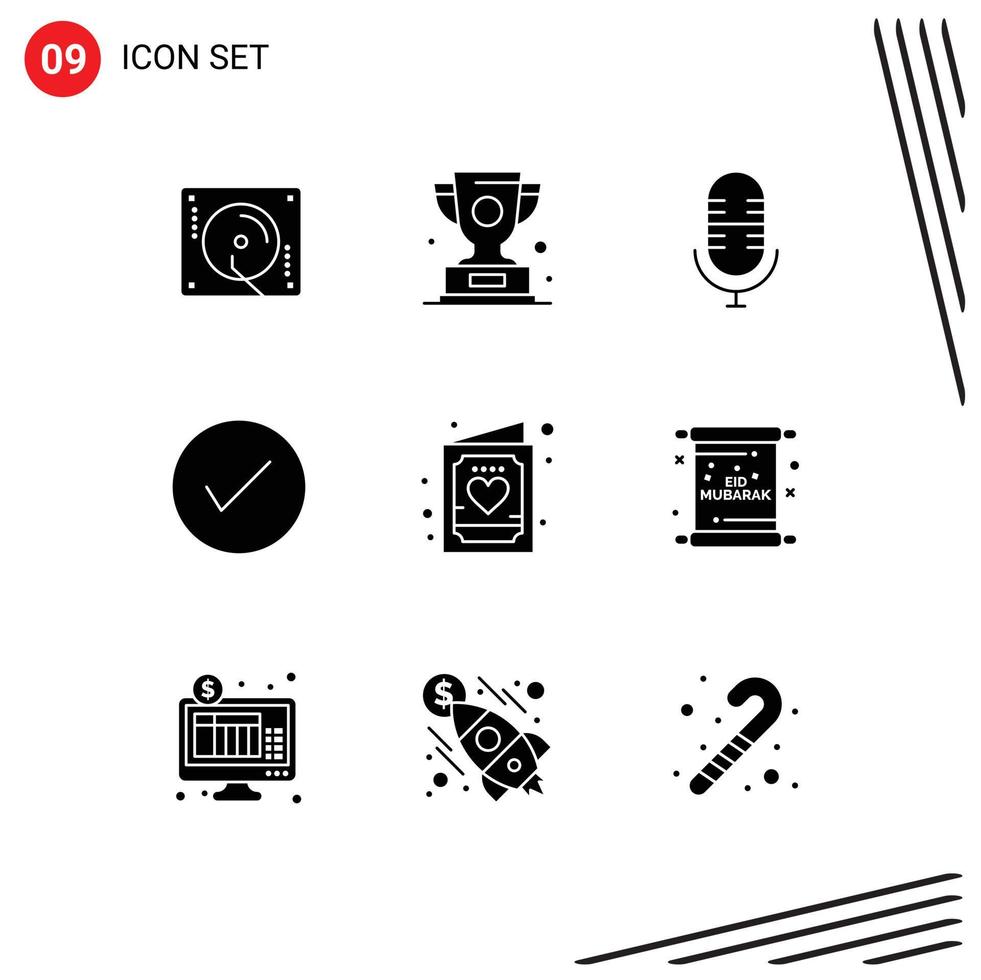 Pictogram Set of 9 Simple Solid Glyphs of card okay winner check arrow Editable Vector Design Elements