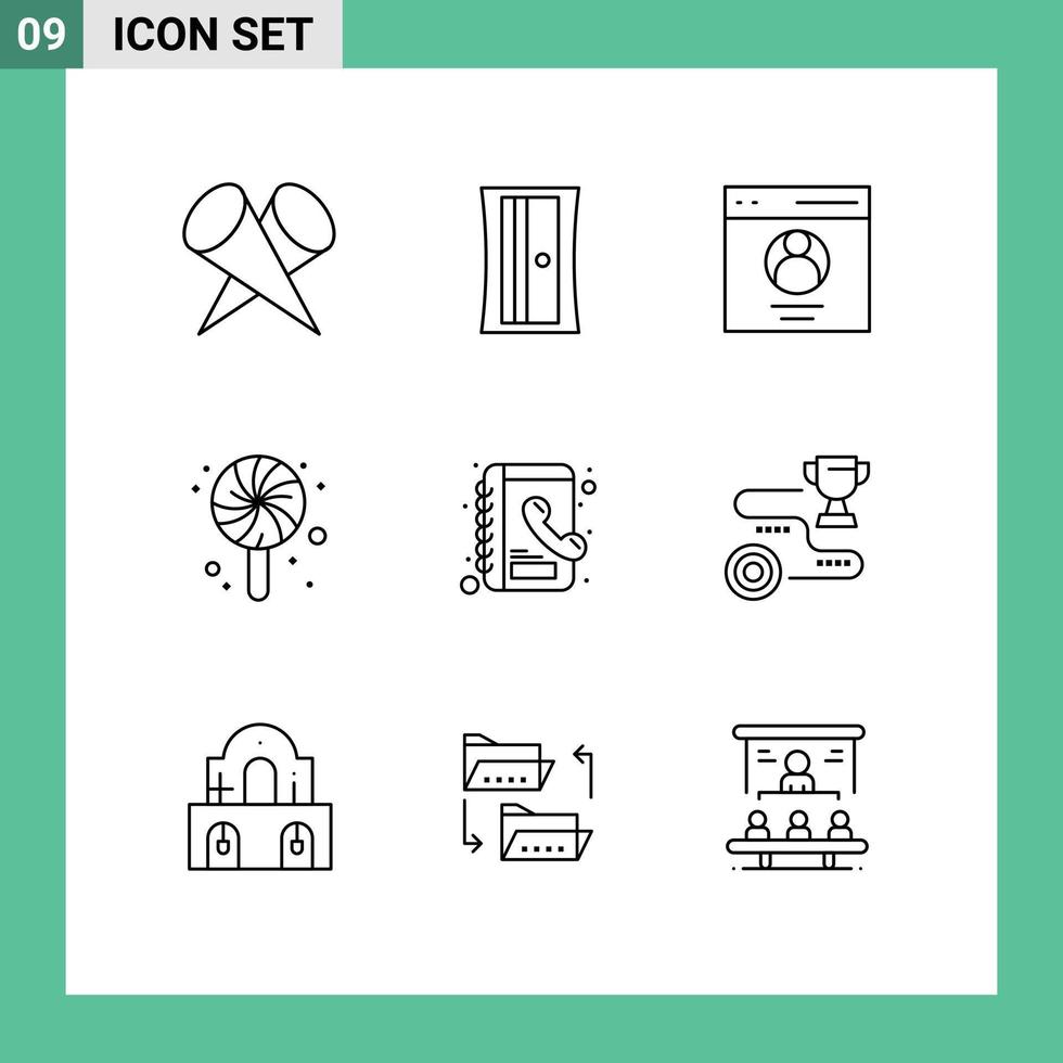 Pack of 9 creative Outlines of achievement contacts interface book sweet Editable Vector Design Elements