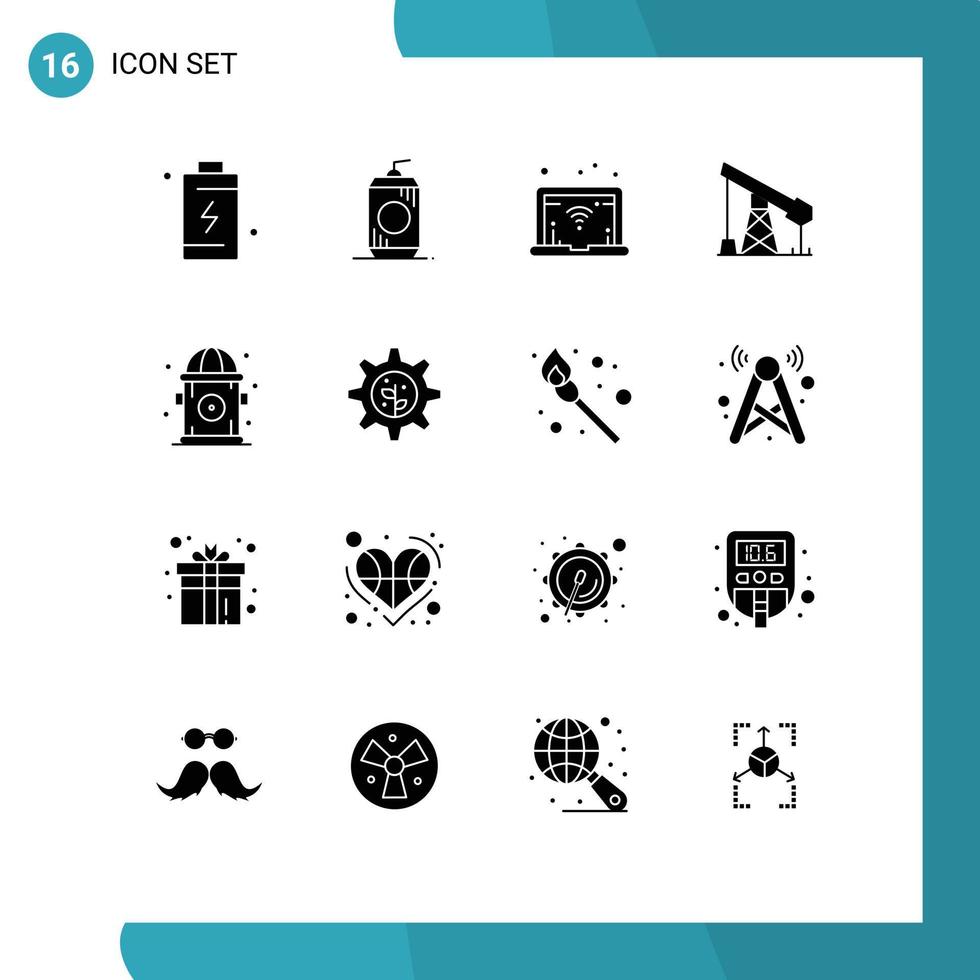 Group of 16 Modern Solid Glyphs Set for hydrant city usa gass industry Editable Vector Design Elements