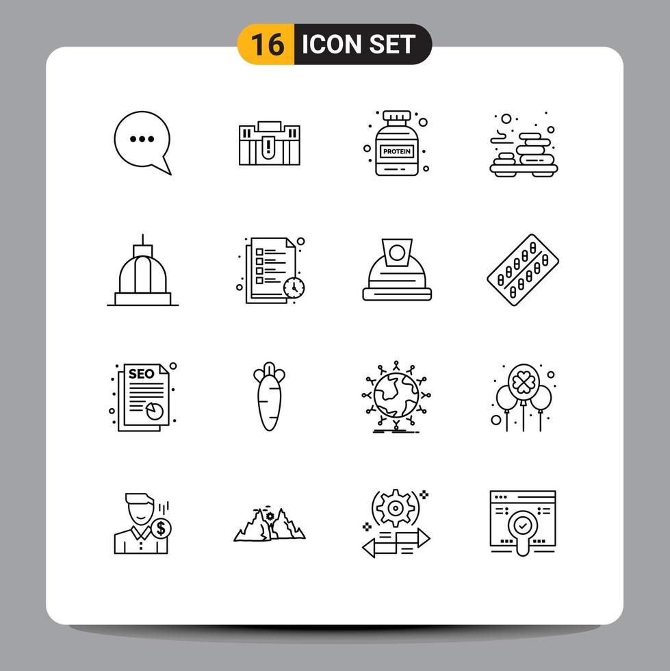 Universal Icon Symbols Group of 16 Modern Outlines of architecture stone suitcase spa bottle Editable Vector Design Elements