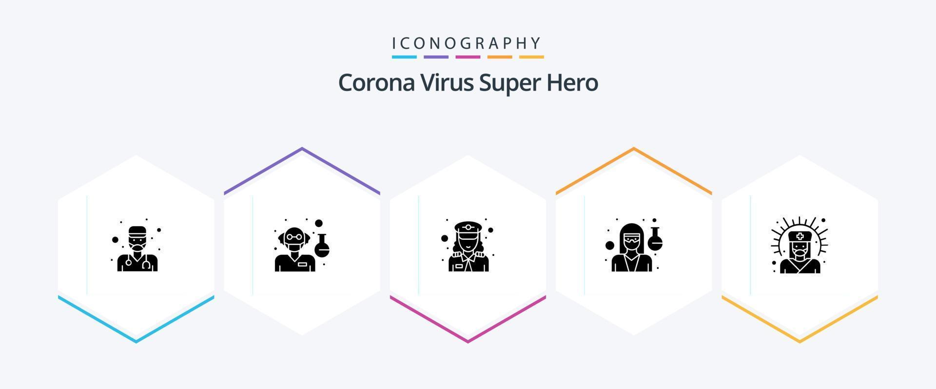 corona virus súper héroe 25 glifo icono paquete incluso . médico apoyo. policía. médico. científico vector