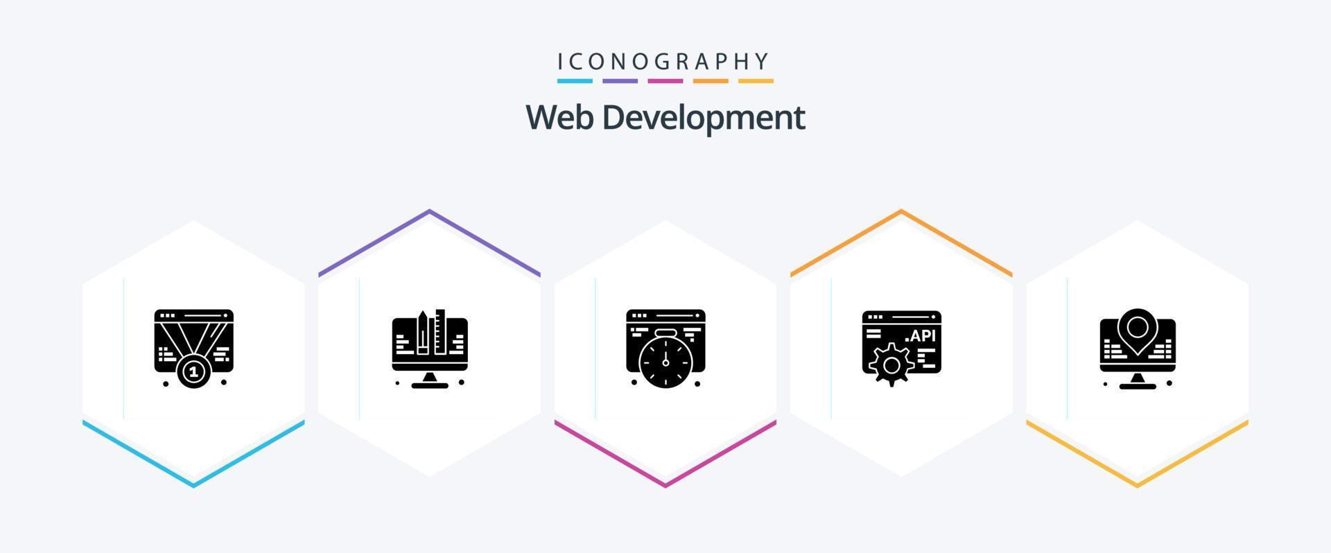 Web Development 25 Glyph icon pack including location. development. web. application programme interface. api vector