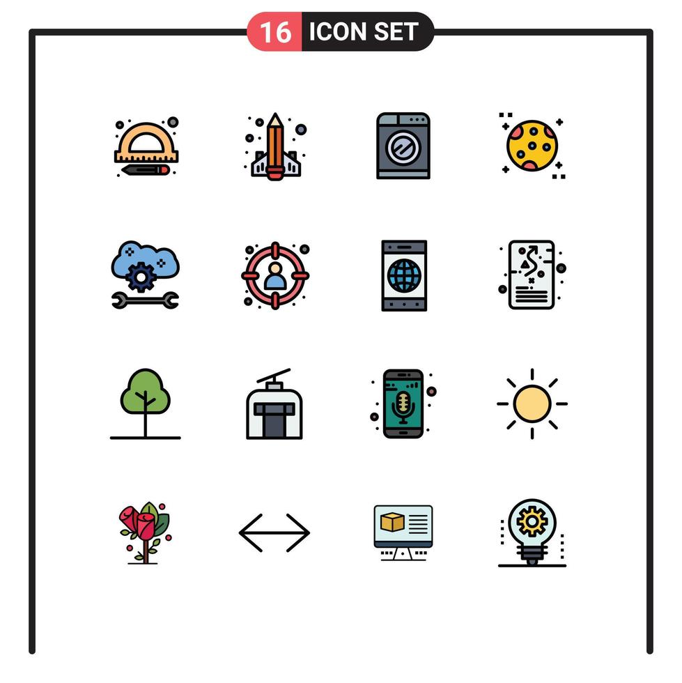 moderno conjunto de dieciséis plano color lleno líneas y símbolos tal como nube Servicio configurar nube solicitud Servicio máquina espacio astronomía editable creativo vector diseño elementos