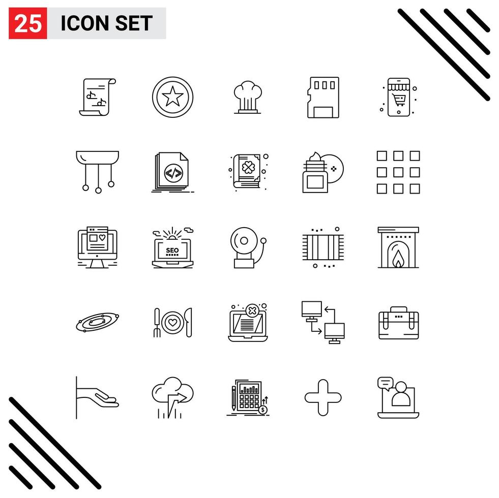 User Interface Pack of 25 Basic Lines of shopping sd chef memory card card Editable Vector Design Elements